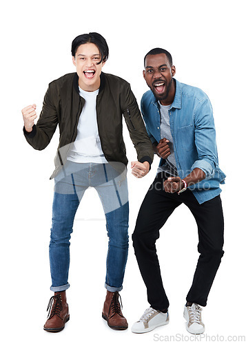 Image of Success, win and portrait of friends cheering isolated on white background in studio. Winning, diversity and men with happiness, motivation and smile on a studio background with mockup space