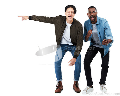 Image of Celebration, motivation and portrait of friends cheering isolated on white background in studio. Winning, diversity and men with happiness, success and smile on a studio background with mockup space