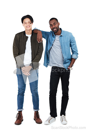 Image of Happy, friends and men fashion portrait of full body in trendy, cool and casual person style. Happiness in interracial friendship of young people together in isolated studio white background.