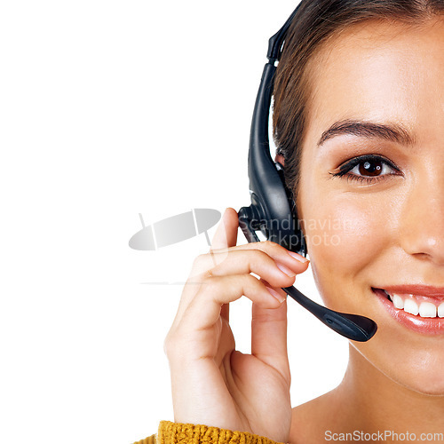 Image of Call center, mockup and half face of woman isolated with communication on call on white background. Telemarketing, crm and portrait of girl in headset, consultant at customer service agency in studio
