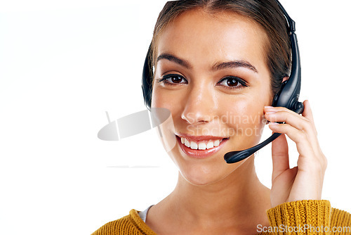 Image of Telemarketing, product placement and portrait of woman isolated with smile on white background. Call center agency, crm and girl in headset at advisory startup for customer service in studio mock up.