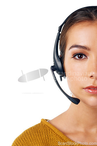 Image of Call center, crm and half face of woman isolated and consulting with communication on white background. Telemarketing, sales and portrait of girl in headset at help desk or advisory agency in studio.