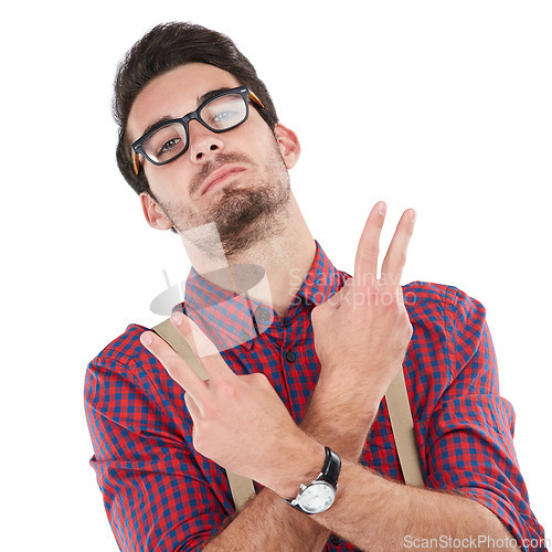 Image of Portrait, man and sign for peace, attitude and punk guy isolated on white studio background. Edgy, young male and gentleman with gesture, fashion and glasses with person, geek and hipster with style