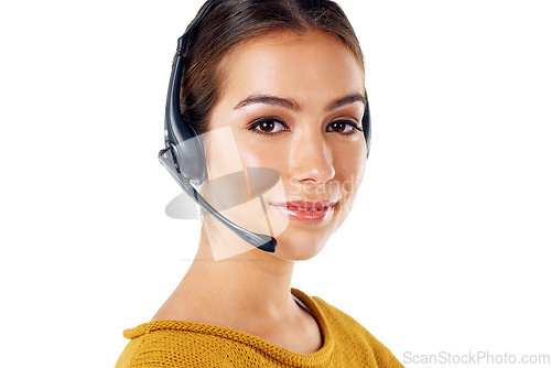 Image of Communication, technology and portrait of woman at call center isolated with smile on white background. Telemarketing, crm and girl in headset at help desk for customer service phone call in studio.