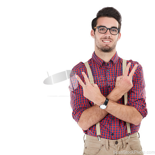 Image of Peace, confident and portrait of a man with a hand sign isolated on a white background. Geek, cool and smiling nerd with a hand gesture for greeting, positivity and confidence on a studio background