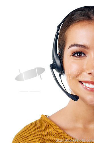Image of Call center, consultant and cropped portrait of woman isolated with smile and communication on white background. Telemarketing, crm and half face of girl in headset at customer service job in studio.
