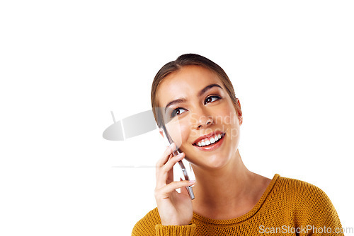 Image of Woman, happy and studio with phone, communication and conversation on mobile network by white background. Model, phone call and isolated for phone technology, networking and talk with digital tech