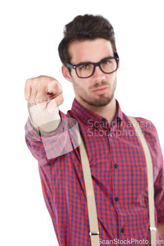 Image of Blame, angry and man pointing portrait for conflict, problem or warning gesture for frustration. Unhappy, frustrated and anger of geek model with negative face on isolated white background.