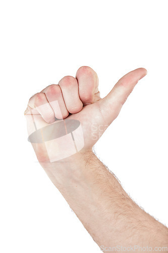 Image of Sign language, hand and thumb pointing in a studio for direction, communication or counting. Finger, body language and man with a hand gesture isolated by a white background with mockup space.