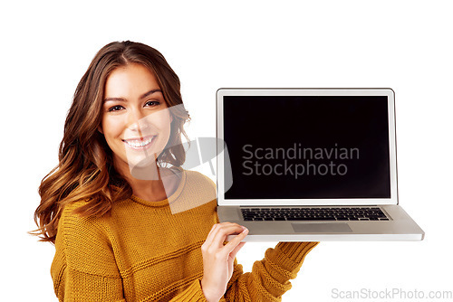 Image of Student, portrait or laptop mockup screen on isolated white background for college elearning, education or studying app. Smile, happy, and woman on technology mock up for university website course