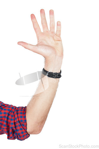 Image of Hand, high five and man with hello, welcome and five number gesture with white background. Wave, stop or countdown sign language with a person isolated with palm in the air for waving greeting