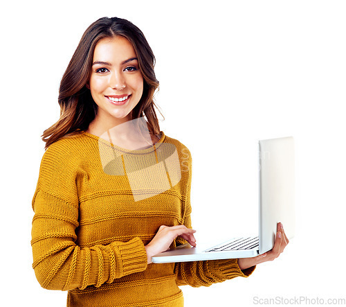 Image of Woman, studio portrait and laptop for software, communication or coding by white background. Isolated model, mobile computer and smile for cybersecurity, programming or email with web connection