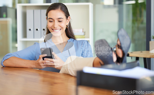 Image of Phone, relax and office woman typing social media post for digital marketing, online advertising or doing internet web search. Girl writing blog article, business email or contact social network user