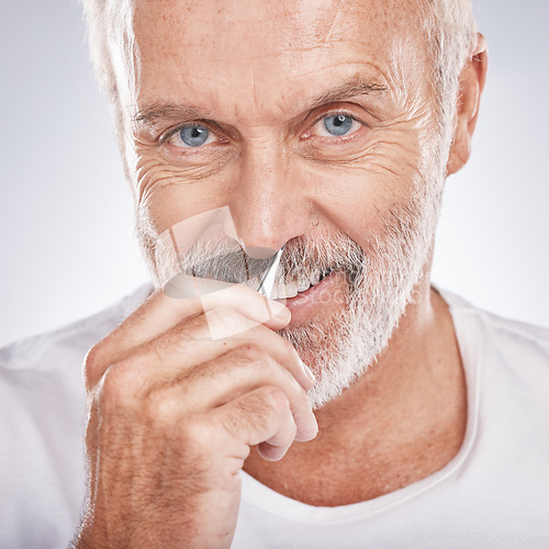 Image of Portrait, tweezers and nose with a senior man in studio on a gray background for grooming or personal hygiene. Face, hand and equioment with a mature male tweezing to remove nasal hair in a bathroom