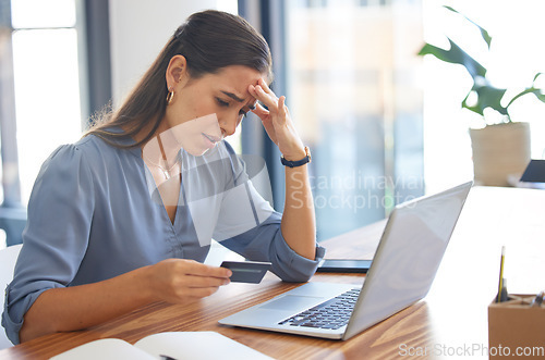 Image of Credit card, stress or business woman with anxiety from banking fraud, financial problem or ecommerce scam. Password error, bankruptcy or sad worker frustrated with declined online payment or debt