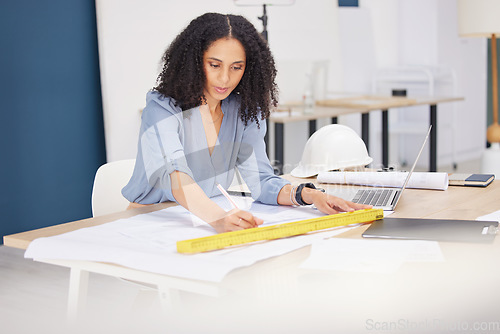 Image of Architecture, drawing and blueprint with black woman architect, construction and laptop with plan for building renovation. Designer, engineering and construction worker with paperwork and planning