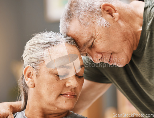 Image of Love, support and senior couple hugging, bonding and spending quality time together at their home. Affection, romance and elderly man and woman in retirement embracing with care at their house.