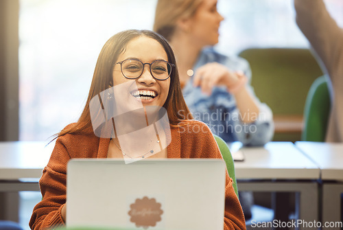 Image of Black woman, laptop and student smile in classroom for university education, learning and school environment happiness. African girl, happy laughing and studying with digital tech device for college