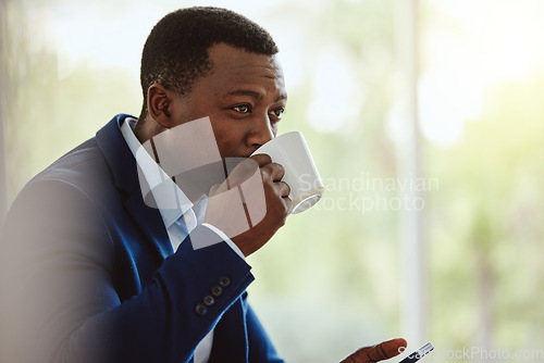 Image of Businessman, travel or drinking coffee on phone in airport lounge, hotel lobby or modern office building. Corporate worker, employee or manager with tea, technology innovation vision or company ideas