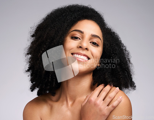 Image of Skincare, beauty and portrait of black woman on gray background for wellness, healthy and glowing skin. Dermatology, luxury spa and face of girl for cosmetics, beauty products and facial treatment