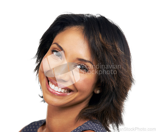 Image of Beauty, makeup and portrait of black woman on a white background for cosmetics and healthy skin. Natural face, wellness and headshot of happy girl with big smile, confidence and carefree