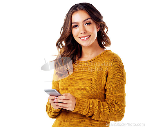 Image of Portrait of happy woman with phone isolated and typing email, or message on white background mockup. Communication, technology and smartphone, social media influencer networking and surfing internet.