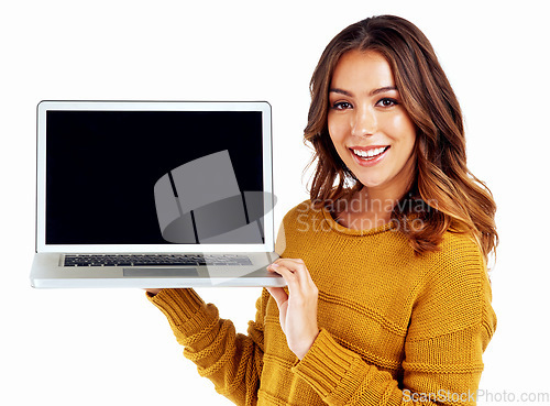 Image of Woman, portrait or laptop mockup screen on isolated white background for college elearning, video call or ecommerce. Smile, happy or model on technology mock up for logo branding or digital marketing