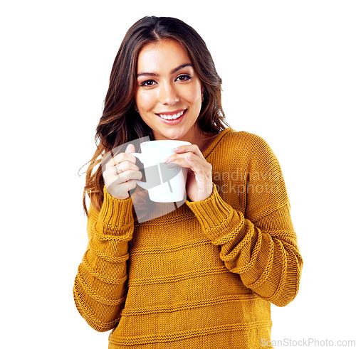 Image of Woman, portrait and drinking coffee on isolated white background, marketing space or advertising mock up. Smile, happy and relax model with tea cup for cafe, coffee shop or restaurant promotion ideas