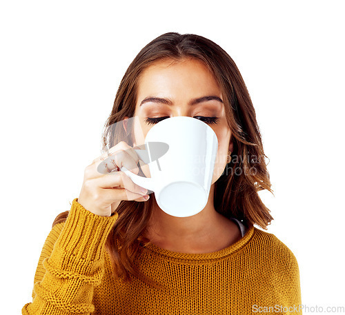 Image of Model, beverage or drinking coffee on isolated white background, marketing space or advertising mock up. Woman, relax or break with tea cup for cafe, coffee shop brand or restaurant promotion mockup