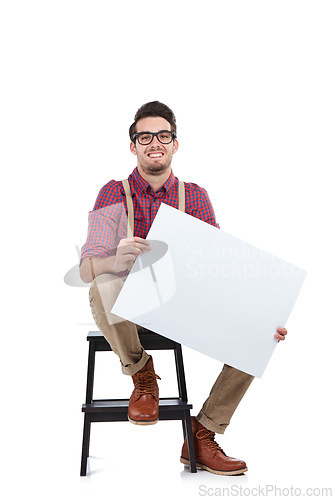 Image of Man, studio portrait and paper board for marketing, branding mockup and vote by white background. Young model, isolated and sitting with mock up poster, holding billboard and space for advertising