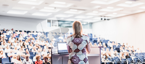 Image of Public speaker giving talk at Business Event.