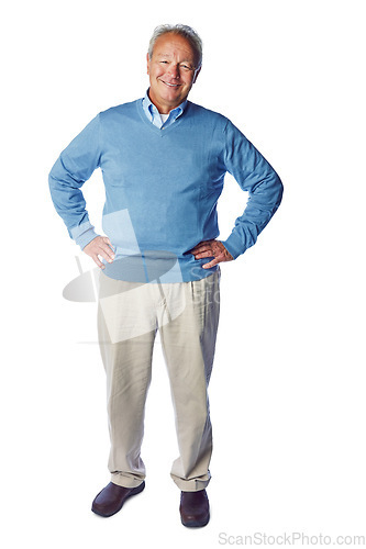 Image of Elderly man, happy in portrait and retirement, life insurance and smile with mockup isolated on white background. Pensioner, happiness with old man and positive mindset, vitality and wellness