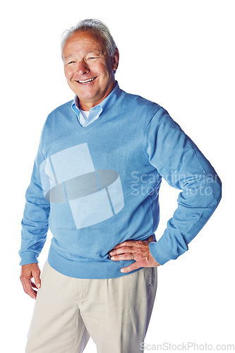 Image of Happy, content and portrait of a senior man with a smile isolated on a white background in studio. Happiness, confident and retired elderly model with a pose in retirement on a studio background