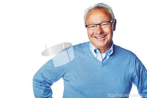 Image of Elderly man, portrait and happy in retirement with success and lifestyle with smile isolated on white background. Pension, grandfather mockup with old man health and wellness, happiness with freedom