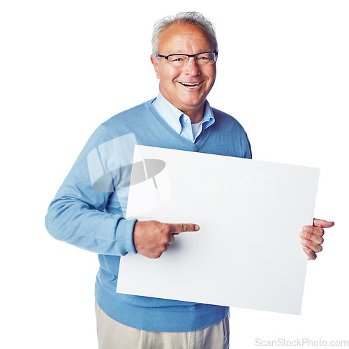 Image of Mockup portrait, poster or old man pointing at marketing placard, advertising banner or product placement. Studio mock up, billboard promotion sign or happy sales model isolated on white background