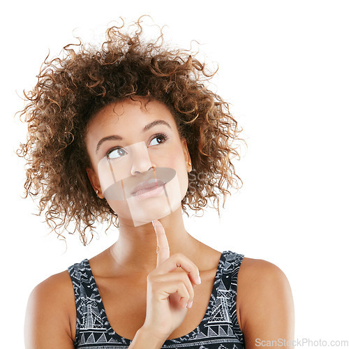 Image of Thinking, idea and face of black woman on a white background with cosmetics, makeup and confidence. Beauty, inspiration and isolated headshot of girl model pose for marketing, advertising and mockup