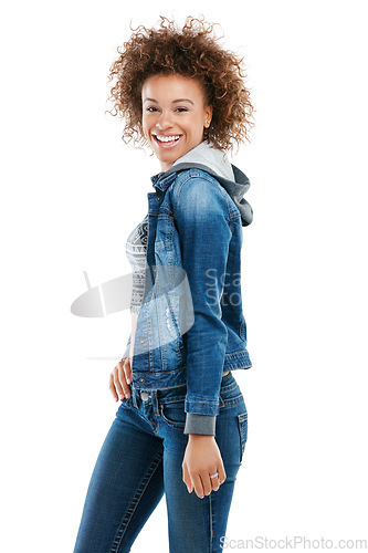 Image of Black woman, smile and standing isolated on a white background in denim fashion for profile. Portrait of a happy confident young African American female model smiling in happiness for clothing style