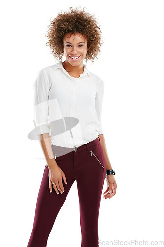 Image of Black woman, happy portrait and standing ready isolated in white background, happiness lifestyle and success. African girl, confident smile and positive mindset or success motivation in studio