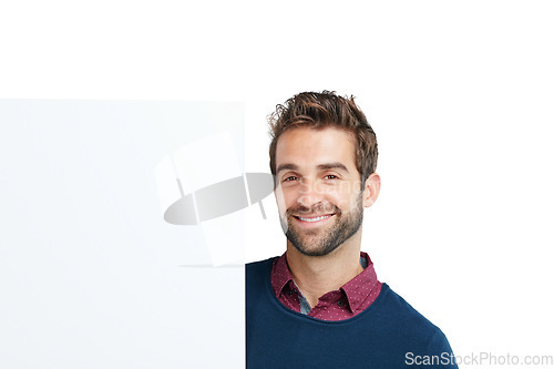 Image of Portrait, studio and man with a board with mockup space for marketing, advertising or product placement. Happy, smile and male model with a banner, poster or signage isolated by a white background.