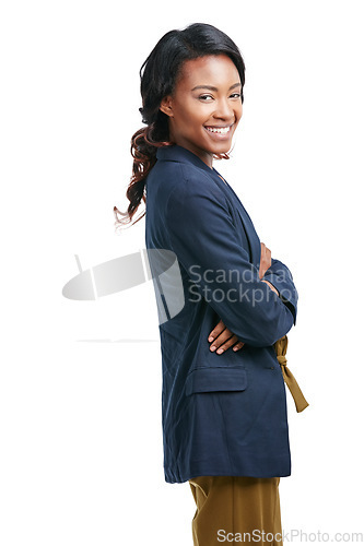 Image of Portrait, corporate and black woman with arms crossed, leadership and confident girl isolated on white studio background. African American female, entrepreneur or business owner with smile or success