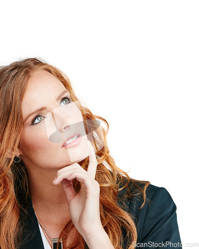 Image of Thinking, mockup and face with a woman in studio isolated on a white background for marketing or advertising. Idea, mock up and branding with a female on blank space looking at product placement