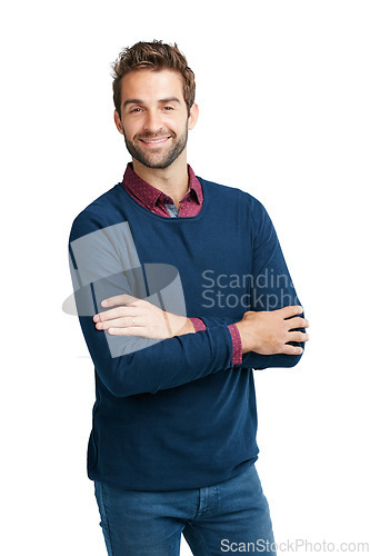 Image of Happy, handsome and portrait of man with arms crossed isolated on a white background in studio. Fashion, smile and person with arms folded with pride, happiness and confidence on a studio background