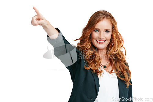 Image of Studio portrait, pointing and woman show marketing, advertising or promotion space isolated on white background. Emoji hand sign for direction or guide or choice with model face on branding mock up