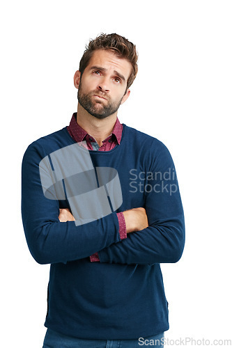Image of Sad, question and thinking businessman with choice, option or decision for career problem in studio. Young corporate worker with dilemma and doubt expression on face with isolated white background.