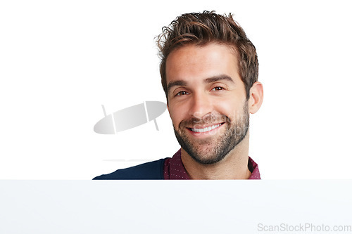Image of Man, smile and portrait of a model face with happiness and mock up space for advertisement. White background, isolated and happy male with mockup smiling in a studio feeling positive and attractive