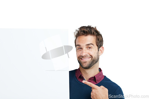 Image of Studio portrait, pointing and business man poster for marketing, advertising or promotion space. Model, hand sign and show mockup for product placement, brand or idea isolated on white background