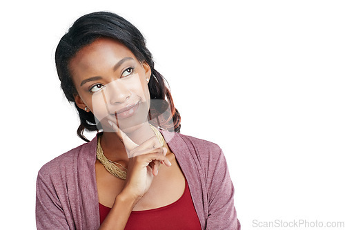 Image of Black woman, face and thinking finger on isolated marketing space, promotion mockup and advertising mock up. Smile, happy model and student with ideas, vision or innovation on white background mockup