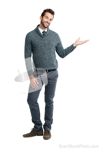 Image of Product placement, marketing and portrait of a man with mockup space isolated on a white background. Advertising, branding and employee showing a product for a commercial on a studio background