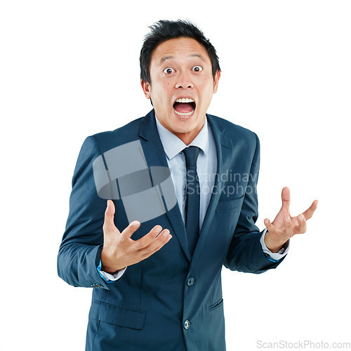 Image of Angry, frustrated and portrait of a surprised Asian man isolated on a white background in a studio. Shocked, unhappy and amazed Japanese businessman screaming and shouting on a studio background