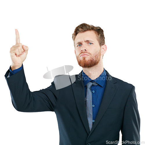 Image of Portrait, pointing and marketing with a business man looking serious in studio isolated on a white background. Mindset, point and advertising with a male employee showing blank space for branding